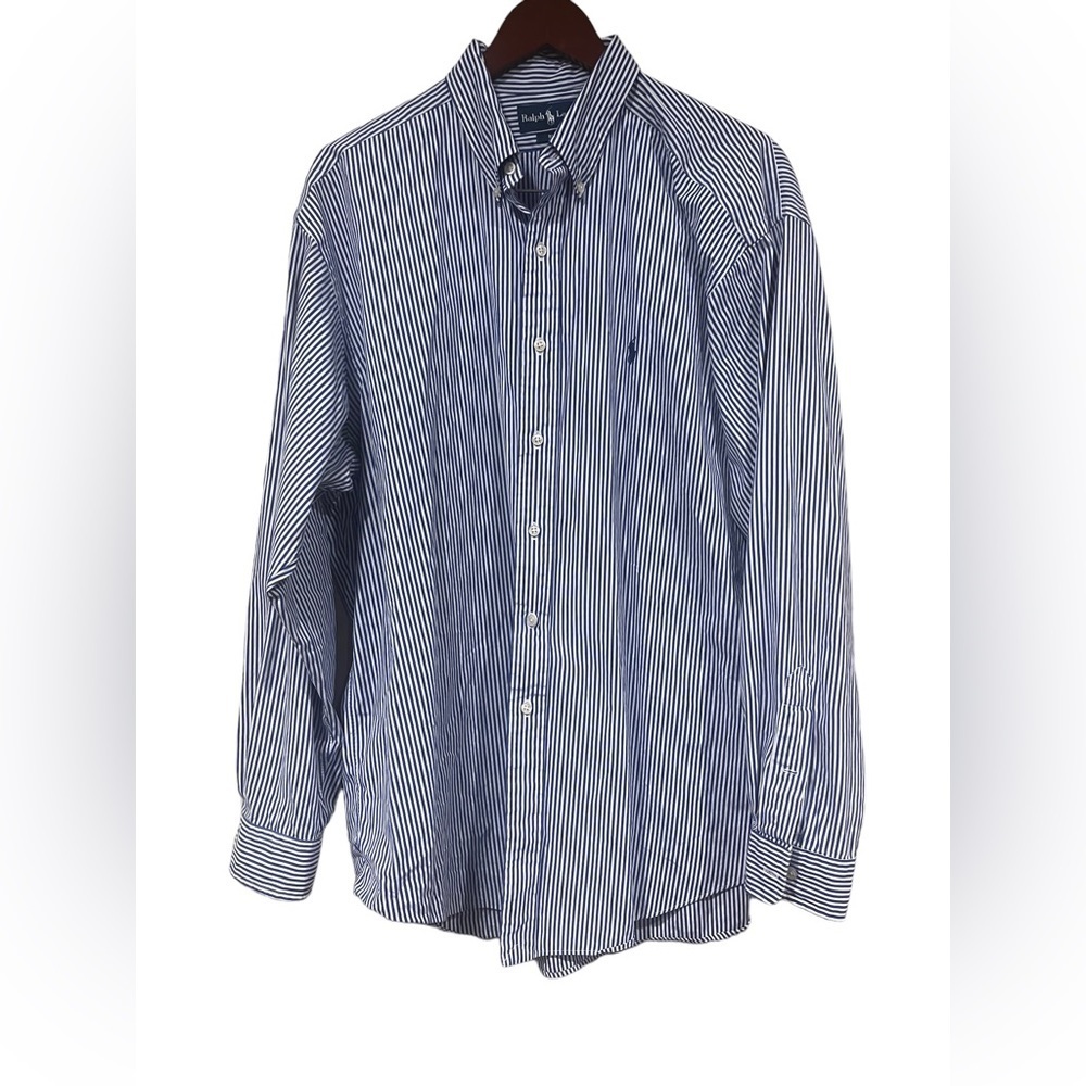 Ralph Lauren Mens Button Down Black Dress Shirt Blue and White Stripe Size XL